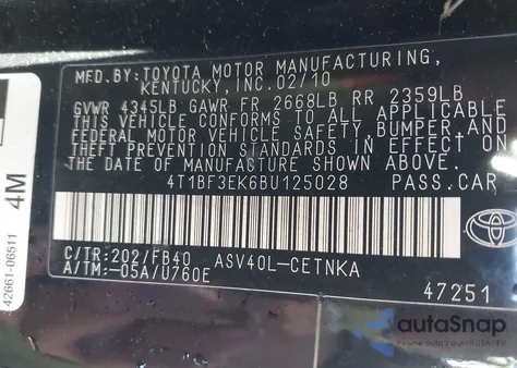 2011 Toyota Camry Le z USA, uszkodzony, nr VIN 4T1BF3EK6BU125028